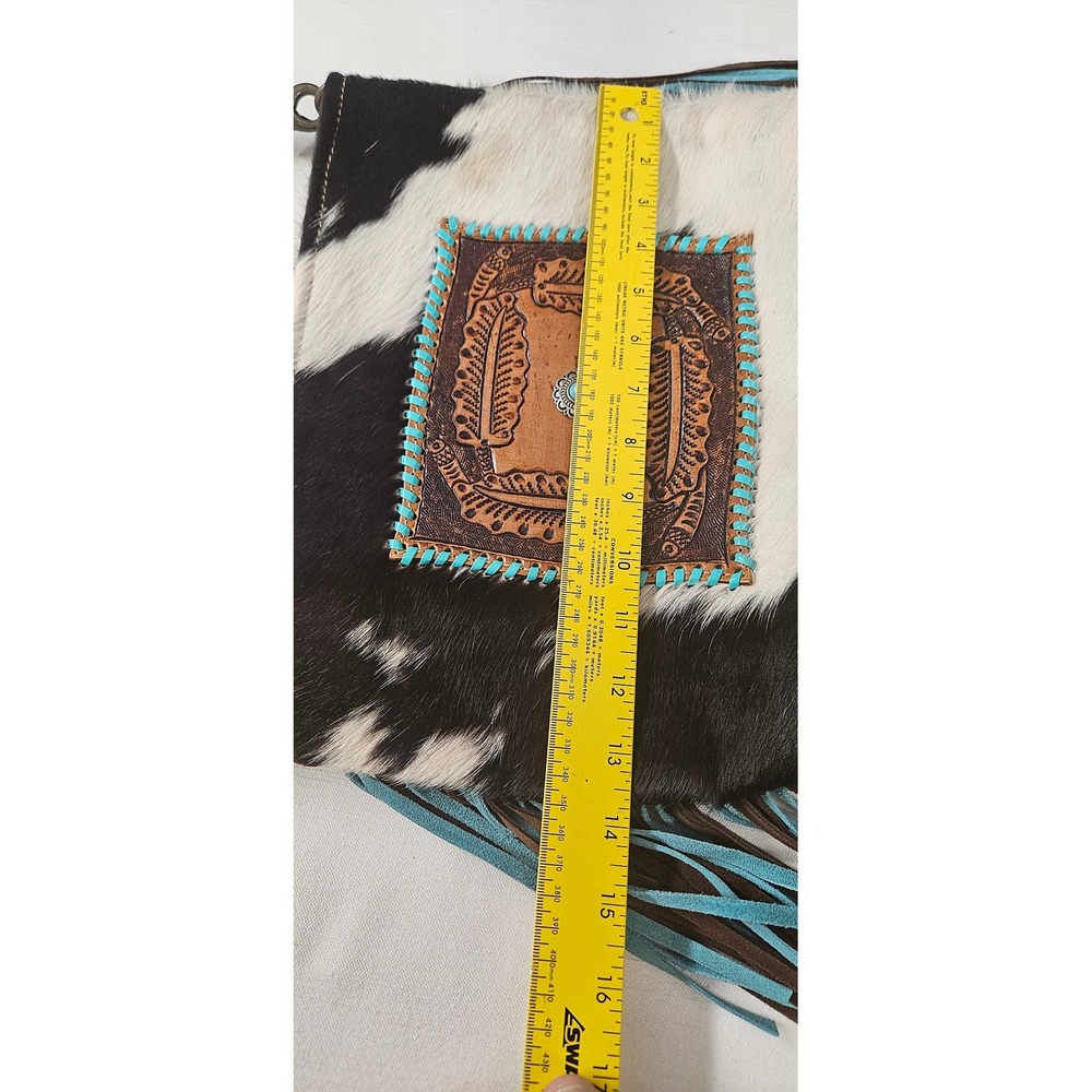 Myra Bag Cowhide Crossbody Fringe Western Hand Tooled LeatherTurquoisBlack White - Picture 3 of 7